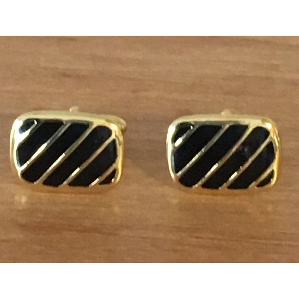 Vintage Goldtone Diagonally Striped Black/Gold Rectangular CUFFLINKS